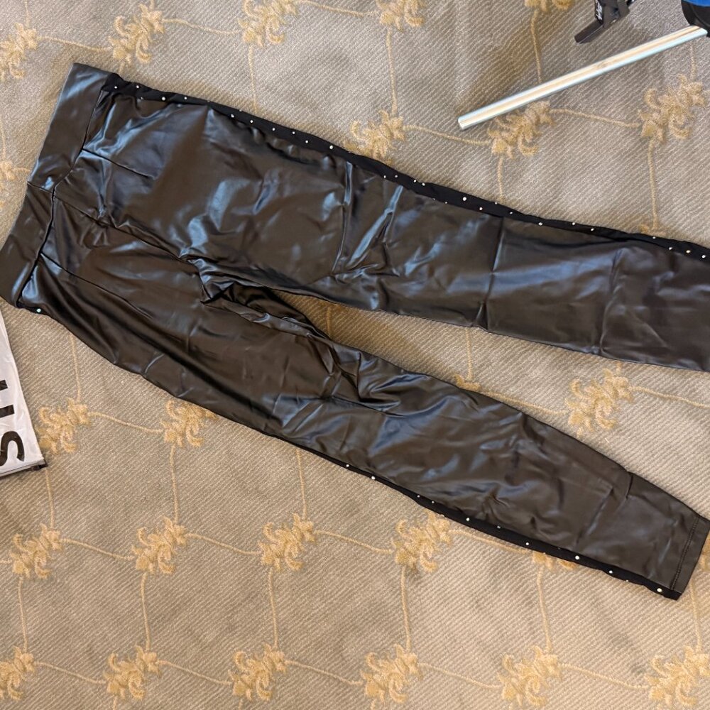 SHEIN Black Faux Leather Rhinestone Leggings | S | High Waisted | New - Picture 2 of 3